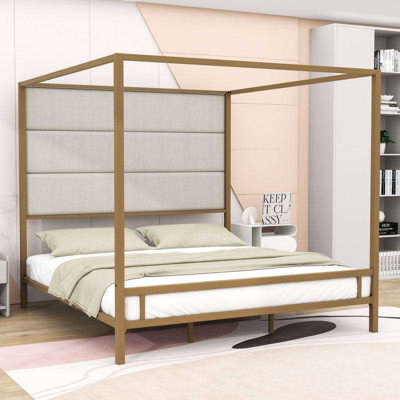  Metal Canopy Bed with Upholstered Headboard, Gold, King