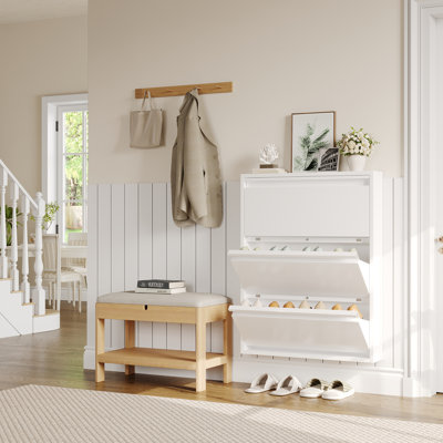 Armoire à chaussures mince en métal avec 3 tiroirs rabattables, rangement pour chaussures étroit pour vestibule, fixation murale ou sur pied, coins inférieurs amovibles pour un positionnement flexible, fixation murale anti-basculement sécuritaire