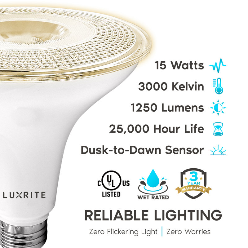 15 W (équivalent à 120 W), DEL PAR38, ampoule du crépuscule à l'aube, culot E26 / moyen (standard), 3000 K