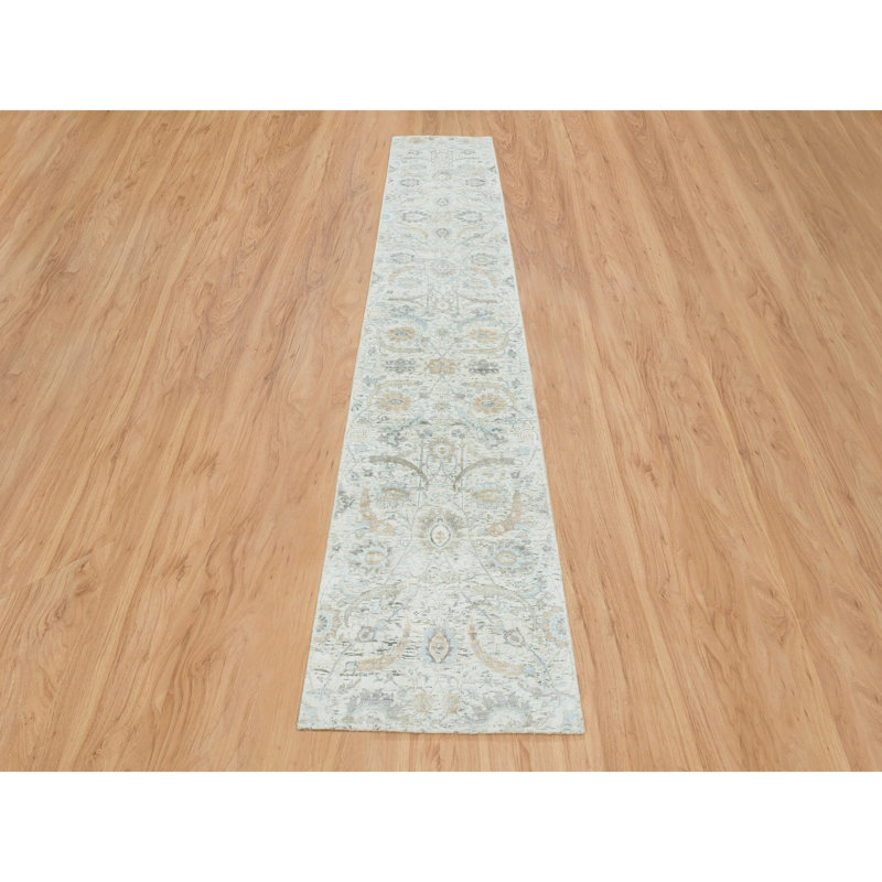 2'6"x14'2" Ivory Sickle Leaf Design Silk/Wool Hand Knotted Runner rug B30C9EE904AA4526B473E76D7139196E