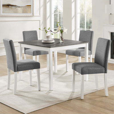 Ensemble de salle à manger carré 5 pièces avec chaises rembourrées, panneau de fibres à densité moyenne en bois d'hévéa, finition gris doux et blanc à deux tons, pour les cuisines et les salles à manger compactes