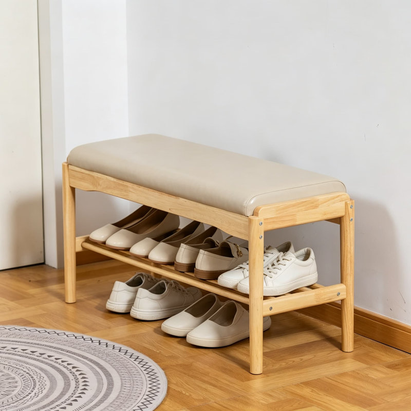 Banc à chaussures en bois massif avec coussin, rangement à chaussures à 2 niveaux pour vestibule, 31,5 po, bois d'hévéa