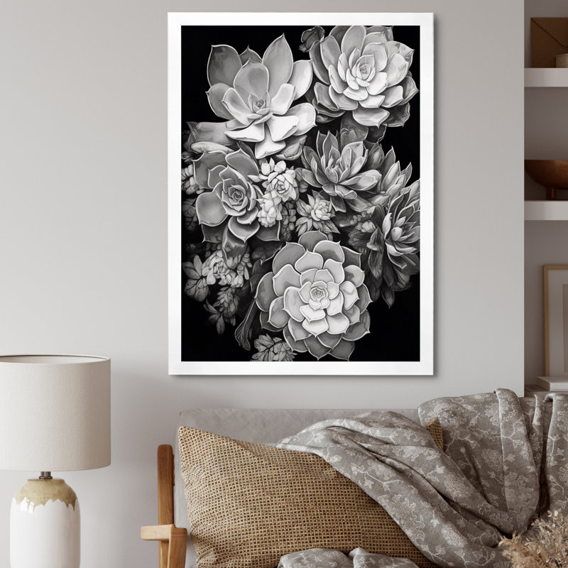 Gris, noir, résilience des plantes grasses - impression, H 32 po x l 16 po x P 1 po, Cadre photo blanc