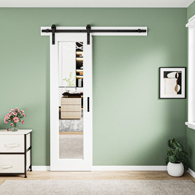  𝗙𝘂𝗹𝗹-𝗮𝘀𝘀𝗲𝗺𝗯𝗹𝗲𝗱 𝗗𝗼𝗼𝗿 𝗣𝗮𝗻𝗲𝗹𝘀, 1-Lite Mirrored Sliding Barn Door Solid Wood Slab Doors with Installation Hardware Kit