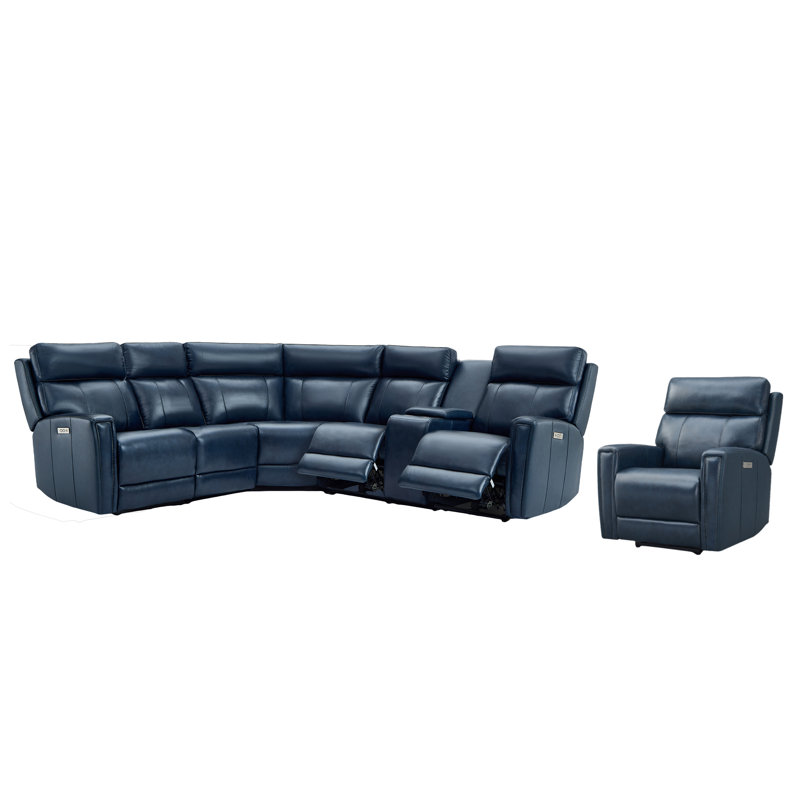 Canapé modulaire inclinable électrique Avani, Cuir véritable bleu, 3 sièges inclinables