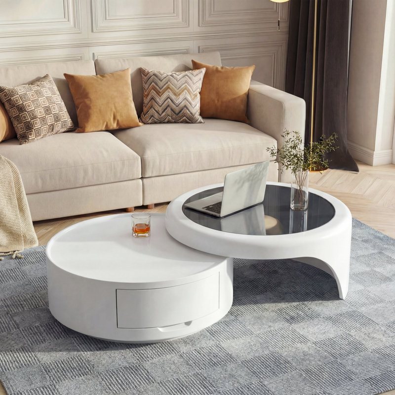 Round Nesting Coffee Table Sets with Storage Drawer Tempered Glass Tabletop for Home Living Room