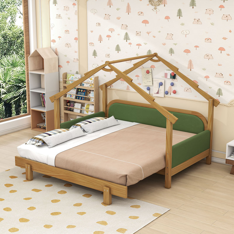 Lit en bois avec rails de coussin moelleux, Vert