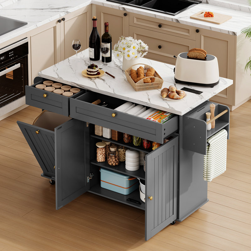 Îlot de cuisine l 60,2 po Jamera avec deux grands armoires de rangement et tiroirs, roues verrouillables, Gray