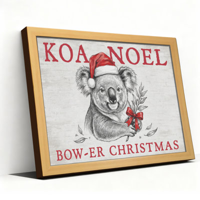 Ensemble de 1 tableau sur toile tendue représentant un koala, un bonnet de père Noël et un nœud rouge.