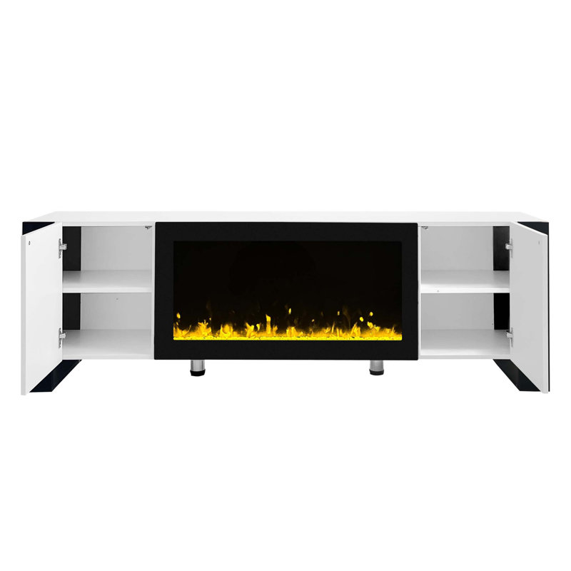 Meuble télé moderne avec foyer électrique non chauffant 34,2 po ON-TREND, centre de divertissement ultrabrillant avec 2 armoires, console multimédia pour téléviseur de 78 po ou moins, blanc