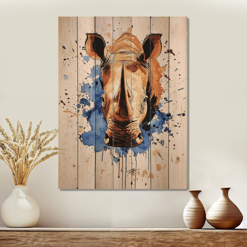 Strong Rhino Resilience - Rhinoceros Animal Blue Wood Print On Natural Pine Wood, 20" H x 10" W