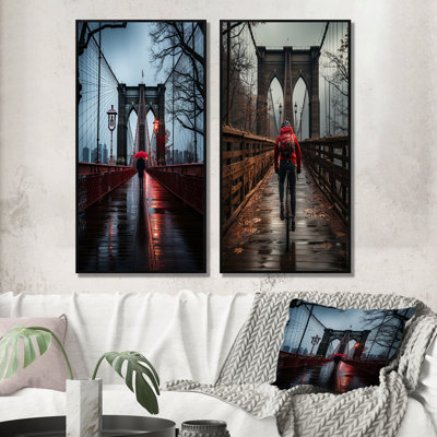 «Red Gray New York Brooklyn Bridge», 2 pièces sur toile
