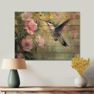 Hummingbird In The Farm Garden I - Bird Wood Wall Decor - On Natural Pine Wood