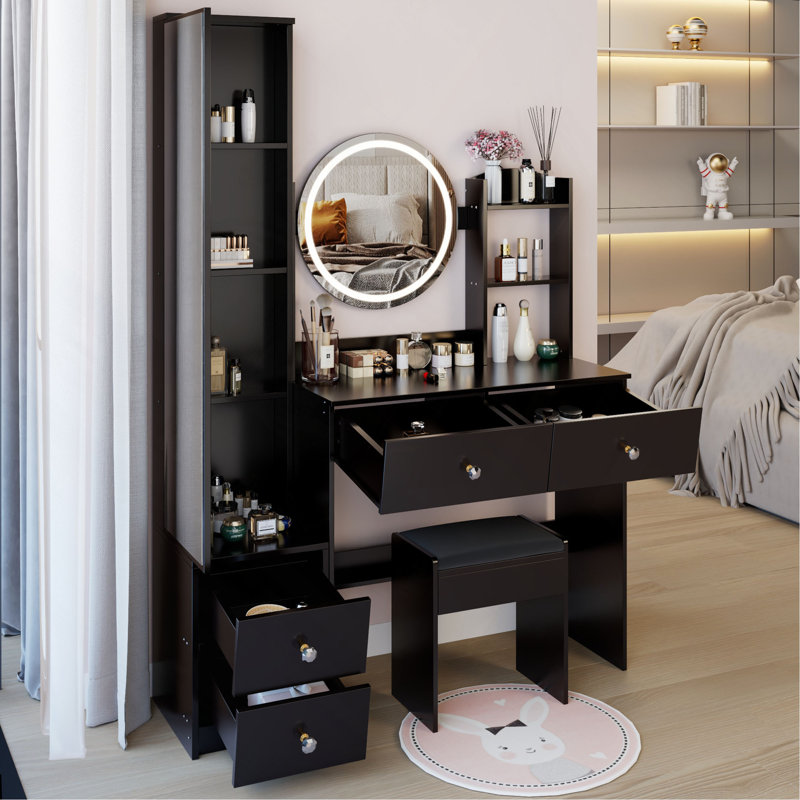 Full Body Mirror Cabinet + Round Mirror LED Vanity Table + Cushioned Stool, 17" Diameter LED Mirror, Touch Control, 3-Color, Brightness Adjustable, Large Desktop, Multi-Layer High Capacity Storage