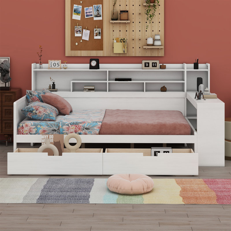 Daybed With Storage Shelves, Multi-Functional Bed With Two Storage Drawers And Study Desk, Antique White