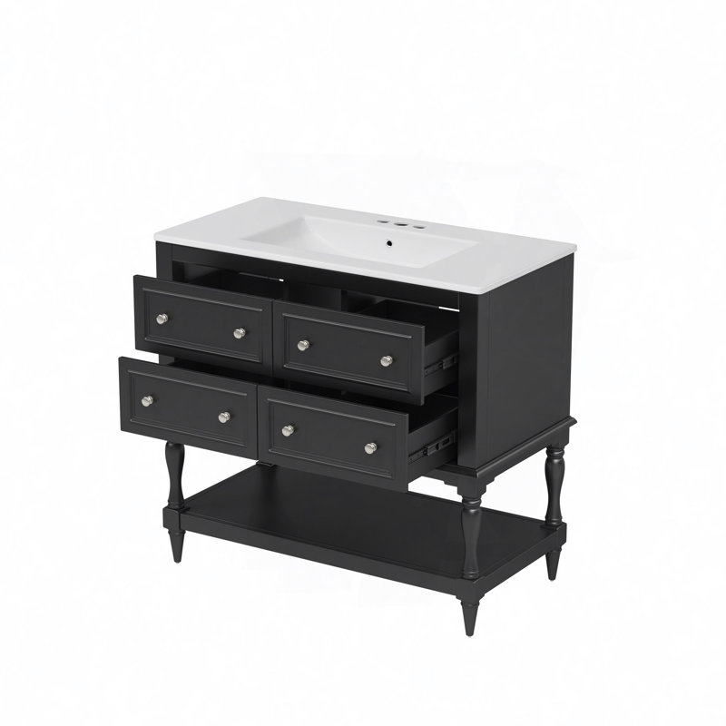 Ensemble de meuble-lavabo avec lavabo, lavabo en céramique encastré, ensemble de meuble-lavabo autoportant avec 4 tiroirs, armoire de salle de bain avec cadre en bois massif
