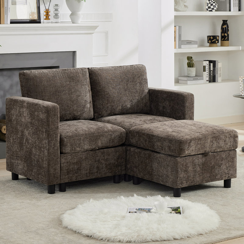 58.3” Upholstered Loveseat With Under-Seat-Storage, Ottoman, Chenille, Brown Chenille