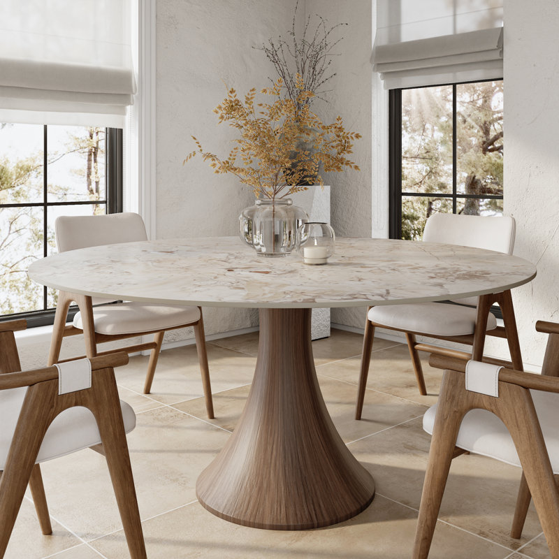 Danner Modern Stone With Sculpted Solid Wood Pedestal Dining Table, 29.52"H x 59.05"L x 59.05"W, Creamy