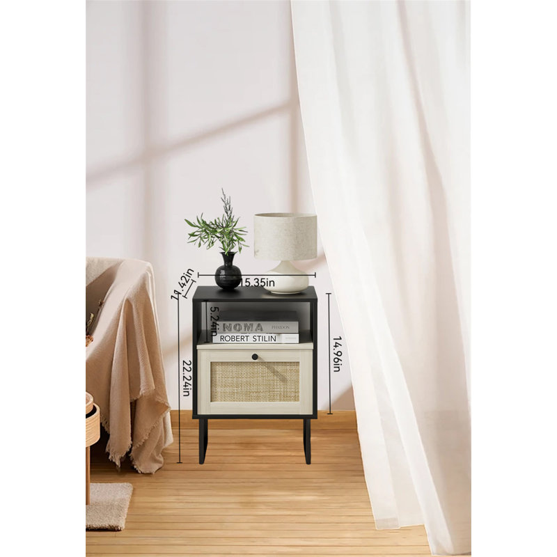 Bohemian Farmhouse Rattan Nightstand, White/Black