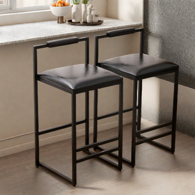 Upholstered Bar Stools Set Of 2 With  Backrest And Footrest, Pu Leather And Metal Frame