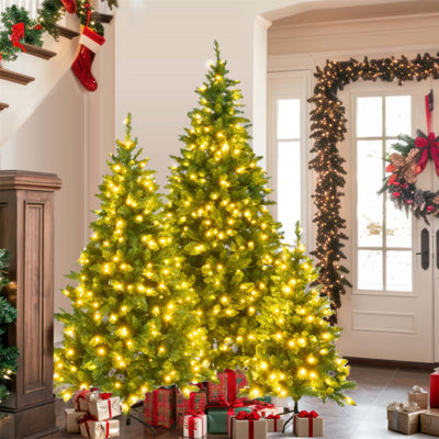 Ensemble de 3 sapins de Noël artificiels pré-éclairés, 4 pi 6 pi 8 pi avec lumières DEL chaudes et branches réalistes pour un décor festif