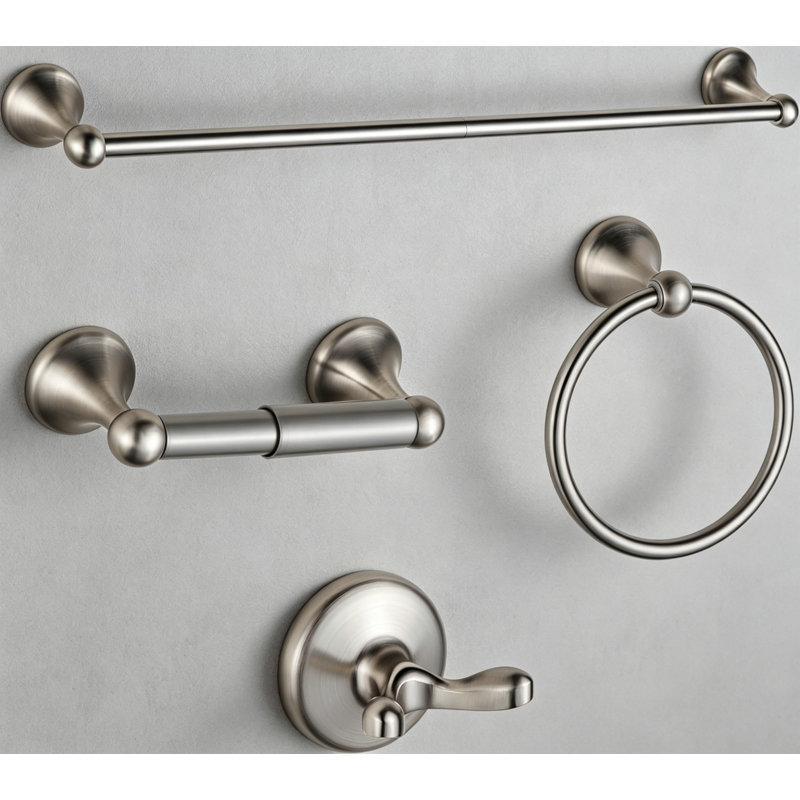Brushed Nickel 4-Piece Bathroom Hardware Set, Adjustable Expandable Towel Bar, Robe Hook, Toilet Paper Holder, Towel Ring