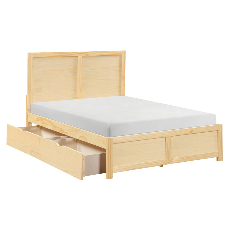 Lit plateforme contemporain de taille double avec boîtes de rangement, finition en pin naturel, meubles de chambre à coucher en bois, aucune base requise, avec cadre de rangement, pièce, tête de lit et rails, sommier nécessaire