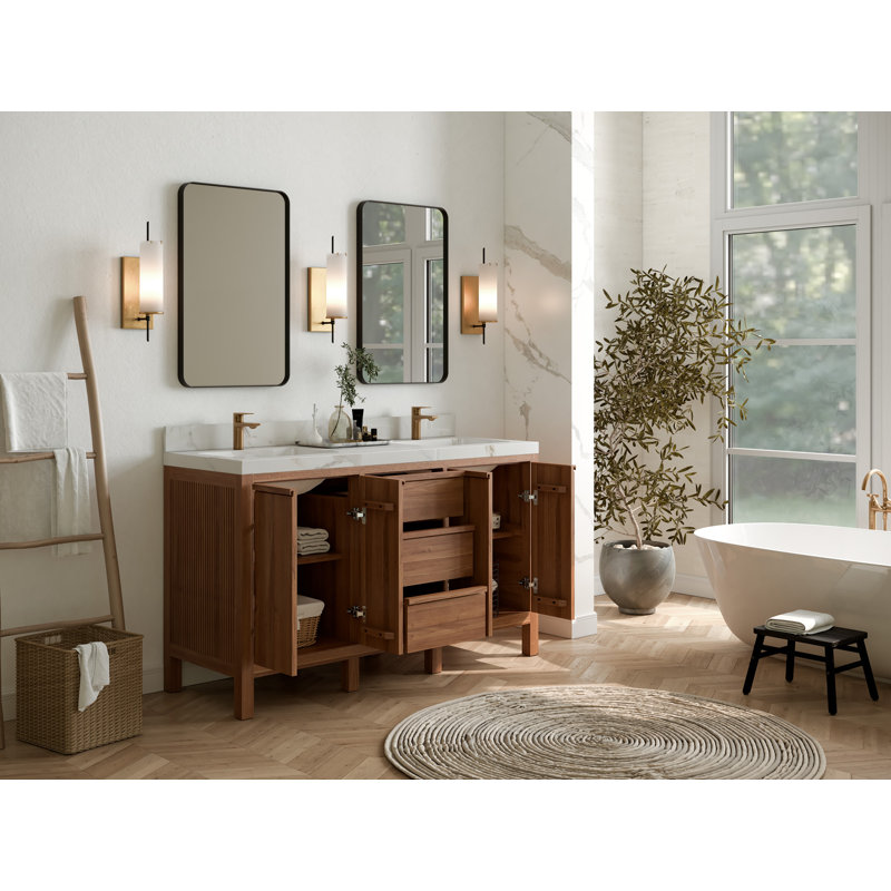 60 po Elizabeth X P 22 po Meuble-lavabo double en D naturel foncé avec quartz Cove Edge, 1,5 po Calacatta Laza