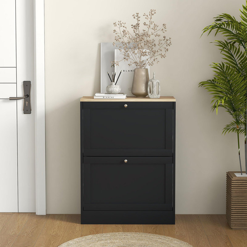 HOMCOM Slim Shoe Cabinet For Entryway, Modern Hidden Shoe Storage Cabinet With 2 Flip Drawers And Adjustable Shelves For 12 Pairs Of Shoes, Black