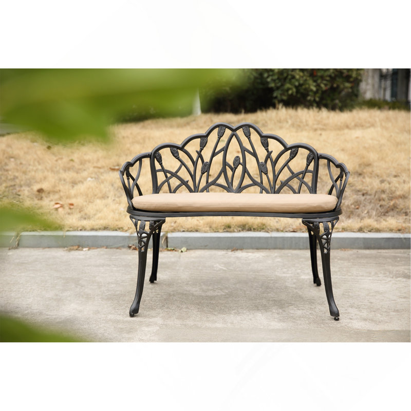 Tulip Patio Garden Bench Metal Park Bench Cast Aluminum Outdoor Furniture with Floral Rose for Patio, Park, Lawn, Yard Black withe cushion