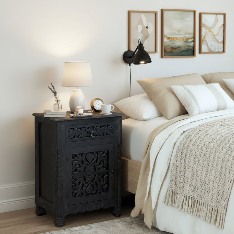 Harleen 22'' W Solid Wood Nightstand, Left, Black