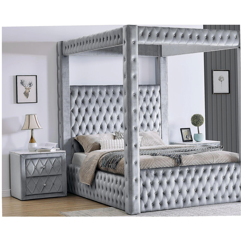 1pc Nightstand 2- Drawers Storage Gray Finish Button Tufted Faux Crystal Tufted, Gray