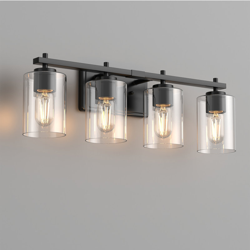 Luminaire pour salle de bain 4 lumières à abat-jour en verre à intensité variable, Clair, Noir mat