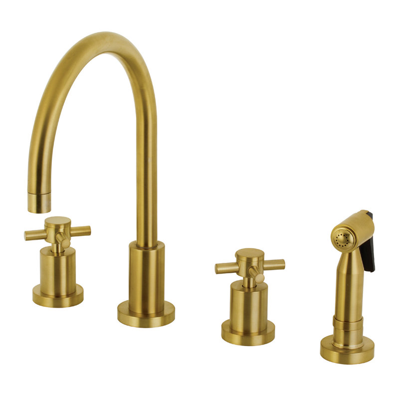 Kingston Brass Concord Double-Handle 4-Hole Widespread Kitchen Faucet with Brass Sprayer, Satin Brass