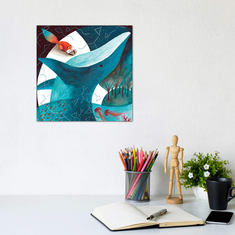 Renard et baleine III - impression, H 12 po x l 12 po x P 0,75 po, Toile tendue, Pas de tapis
