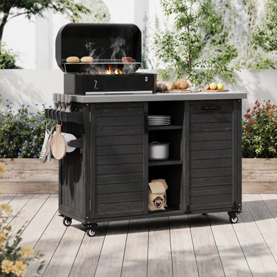 78.3" Outdoor Kitchen Island With Foldable Grill Table, Wooden Cart, Trash Can Storage, Stainless Steel Top, Outdoor Bar, Pizza Oven Table, Black | Gift Idea