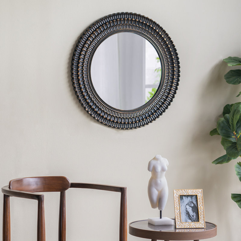 D26.5" Round Black & Gold Wooden Accent Mirror – Woven Texture Design, 9Lbs Mdf-Mirror Blend Decor For Living Room/Bedroom/Office