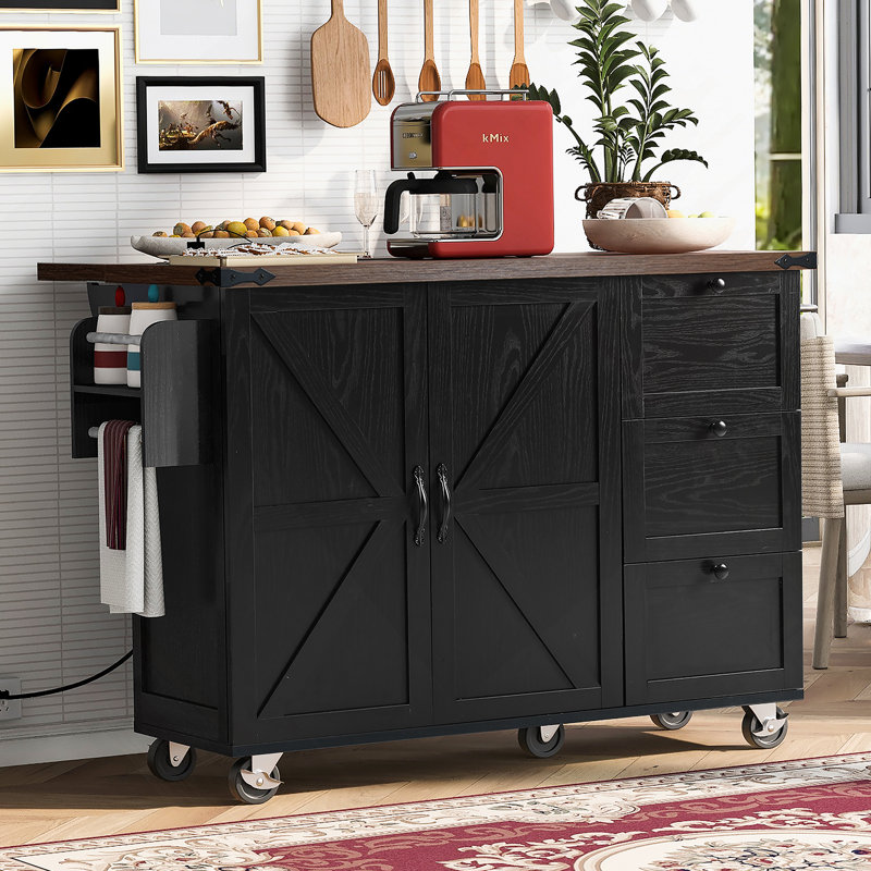 Îlot de cuisine avec prise de courant, îlot de rangement de cuisine avec support de rangement interne, abattant, Noir