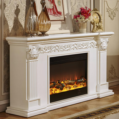 59.06"White Vintage Solid Wood Simulated Flame Electric Fireplace