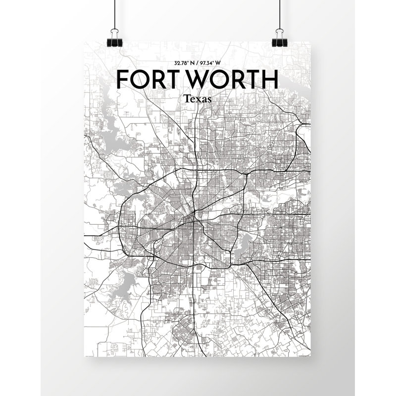 Fort Worth City Map - Unframed Graphic Art Print on Paper, 70cm H x 50cm W x 0.1cm D, Black/White