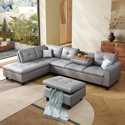 97.5"Oversized Sectional Leather Couch, L Shaped Couch with Ottoman