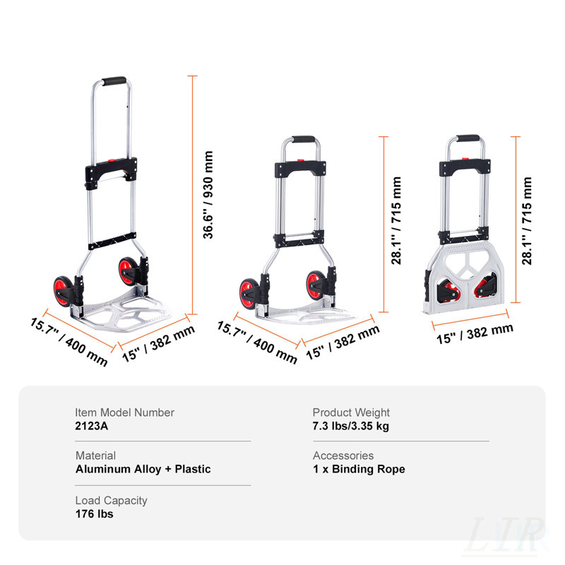 Folding Hand Truck and Dolly with 176 lbs Capacity, Aluminum Frame, Telescoping Handle, and PP+TPR Wheels for Versatile Use