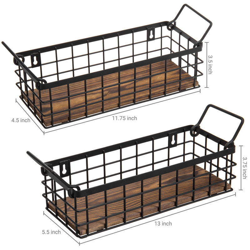 Rustic Black Metal Wire and Burnt Wood Rectangular Storage Baskets, Set of 2