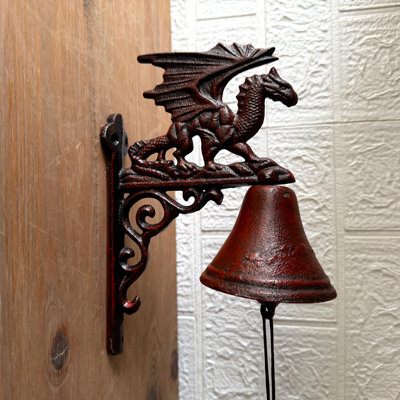 Rustic medieval cast iron dragon wall-mounted door bell with pull cord, red rust, 9 inches high