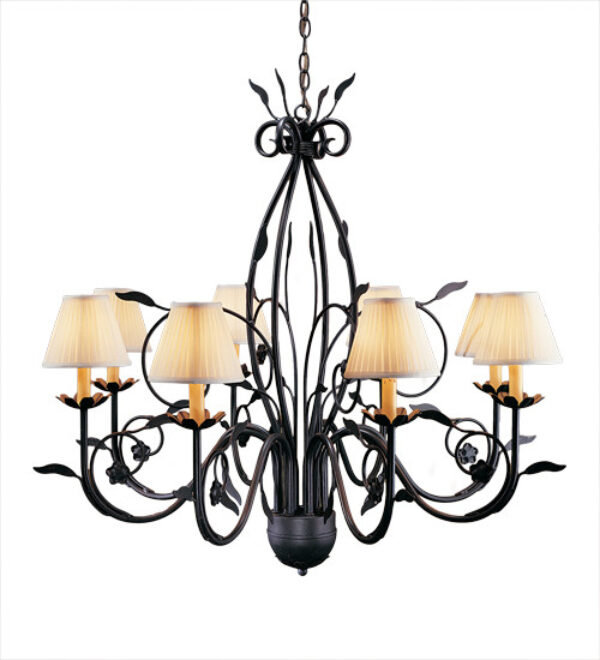 Lustre classique / traditionnel à 8 lumières Bordeaux, Fer rustique, Crème de soie crème