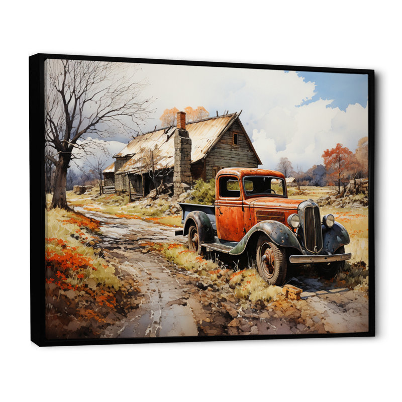 Coral Pickup Truck Road Legends II - Transportation Wall Art Living Room, Cadre flottant noir, H 30 po x l 40 po