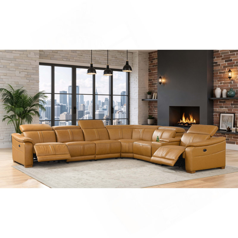 Canapé modulaire en cuir avec siège inclinable, appui-tête réglable et console de rangement avec porte-gobelets