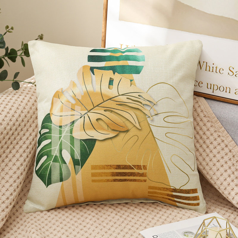 Ensemble de 4 housses de coussin décoratif à motif de feuilles tropicales Monstera - Housses de coussin à imprimé botanique vert et jaune pour canapé, lit et salon, taille 18 po x 18 po