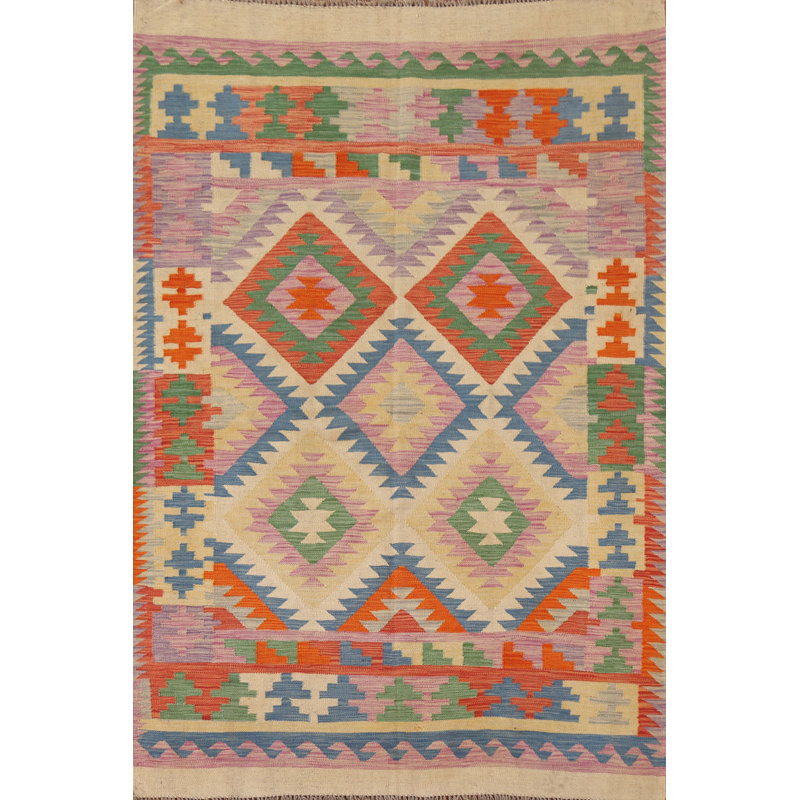 Tapis oriental géométrique en laine Kilim 5 x 7