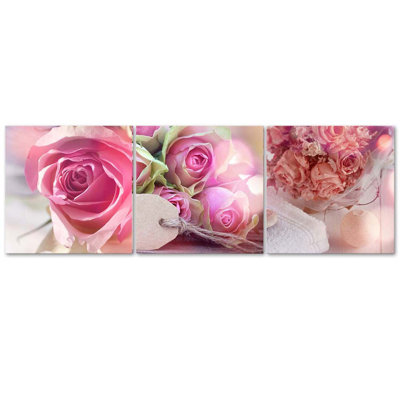 Pink Vintage Roses - 3 Piece Wrapped Canvas Print Set
